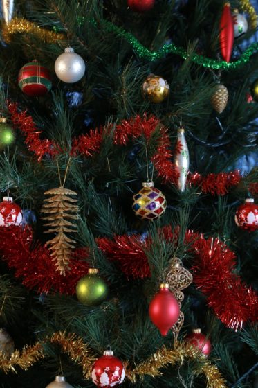 Closeup of Christmas tree with ornaments